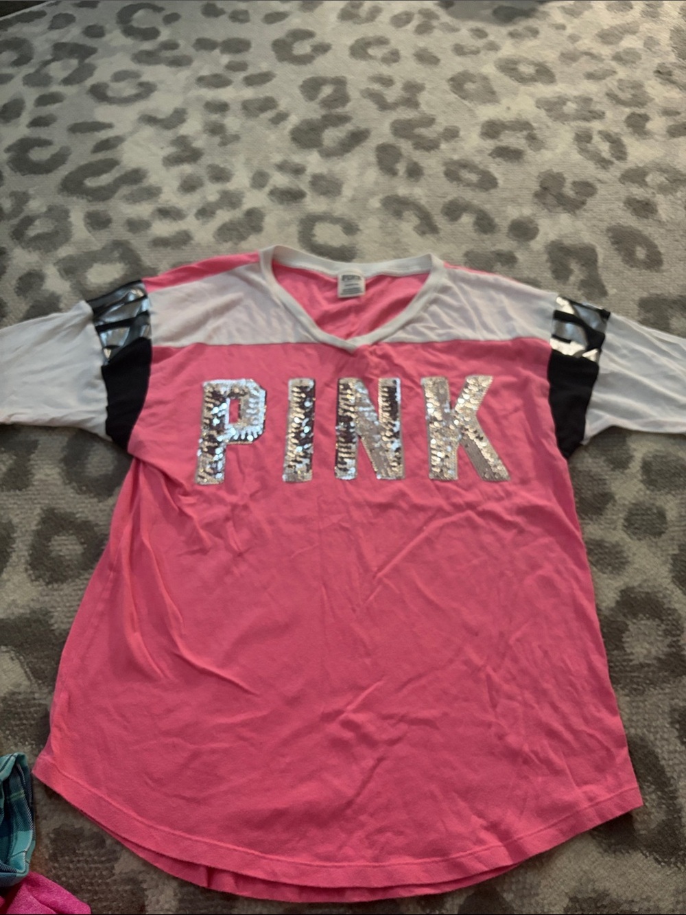PINK Victoria's Secret Hot Pink Sequin Logo Raglan Tee